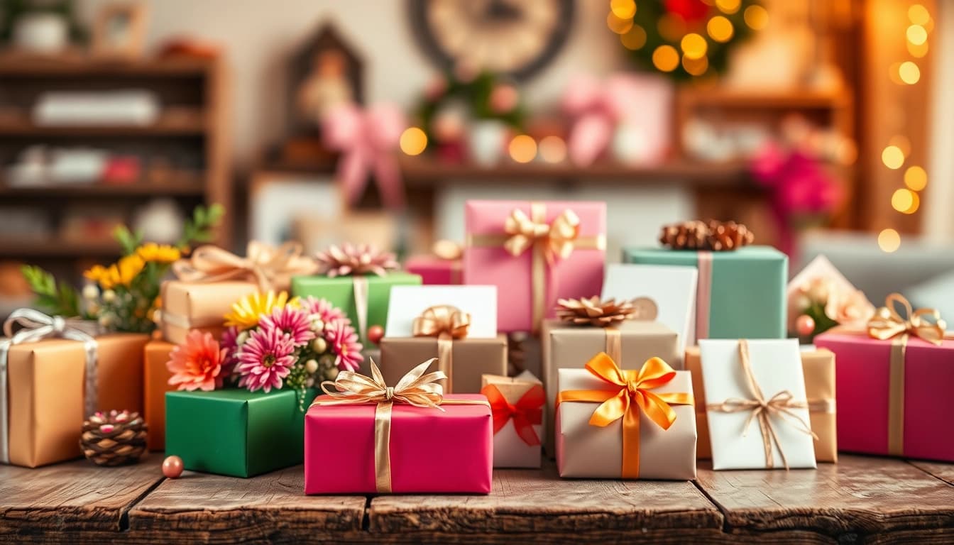 Inspirierende Geschenkideen auf einem rustikalen Holztisch mit liebevollem Arrangement.