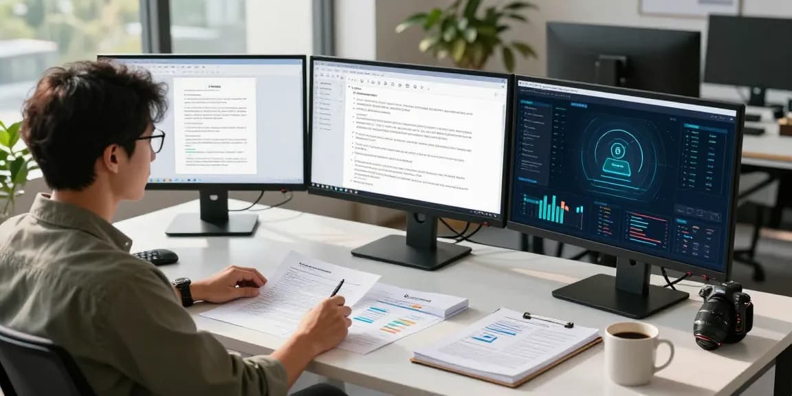 Document fraud detection analysis in a high-tech office environment with financial documents and algorithm displays.