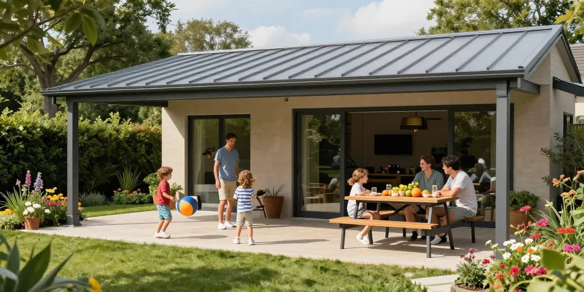 Moderne Terrassenüberdachungen in einem idyllischen Garten mit einer Familie, die den sonnigen Tag genießt.