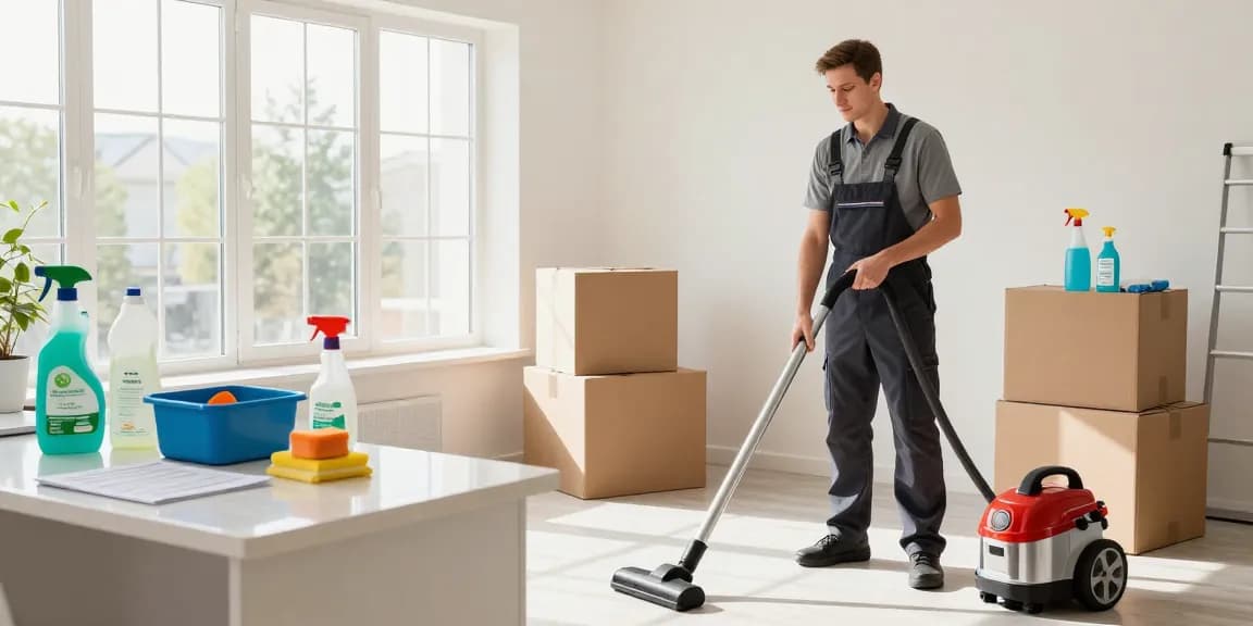 Efficient wohnungsabgabe reinigung scene with a cleaning professional preparing eco-friendly supplies in a bright home.