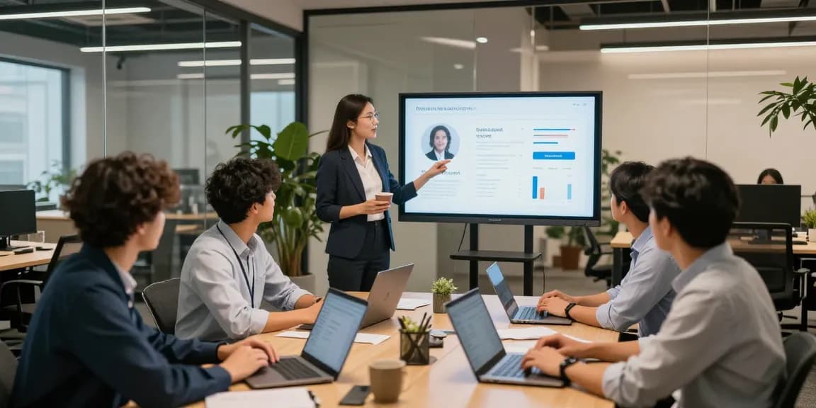 Bewertungsplattform Führung: HR-Meeting zur Mitarbeiterbewertung in modernem Büro.