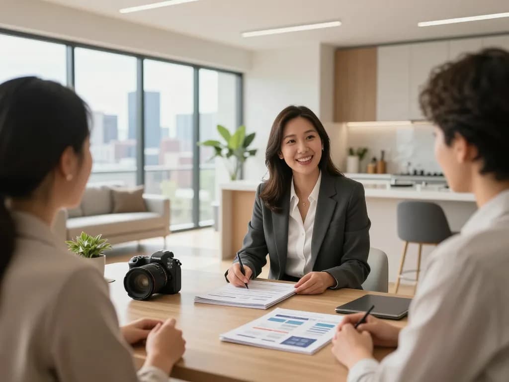 Immobilienmakler Frankfurt Riedberg präsentiert Immobilien in einem modernen Bürosetting.