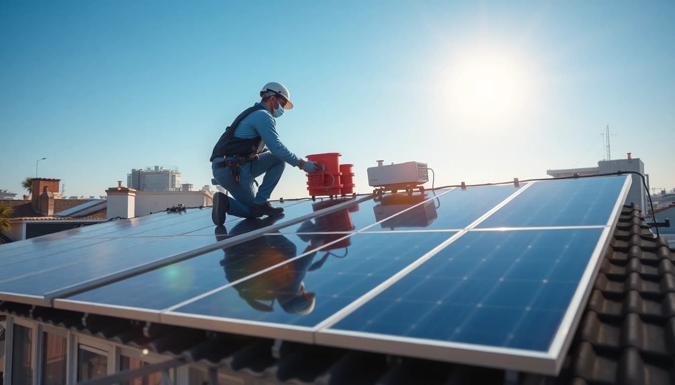 PV anlage kosten wien Installation professionell auf einem Wohnhausdach mit sonnigem Wetter.