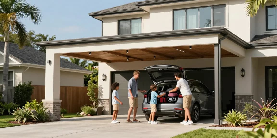 Familie lädt das Auto in einem modernen Carport für einen Wochenendausflug.