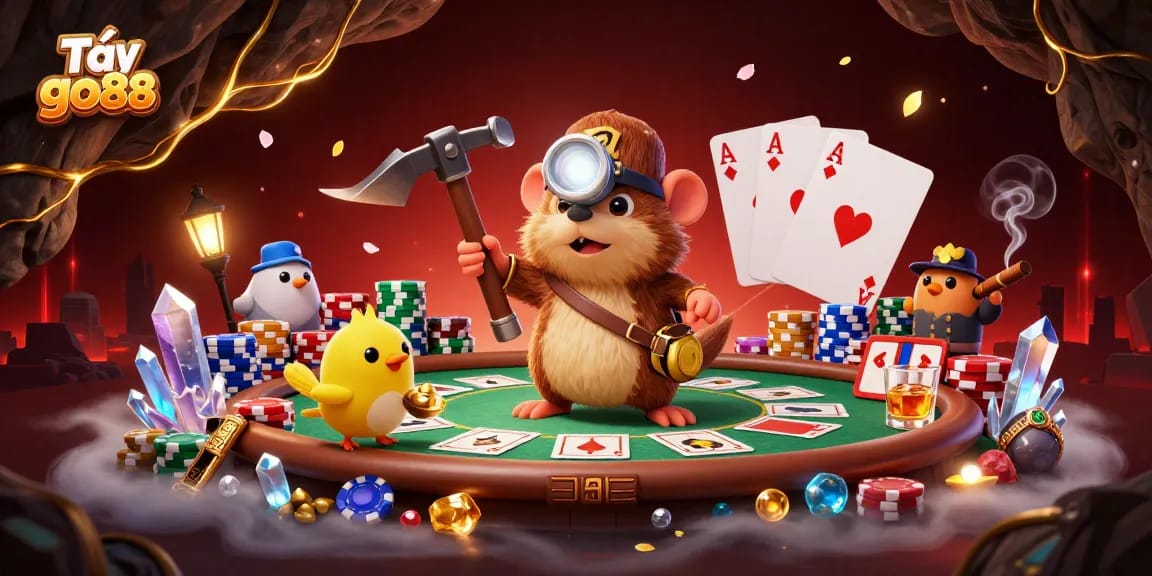 Engage with Tải go88 as a treasure hunter mole and friends celebrate wins around a vibrant poker scene.