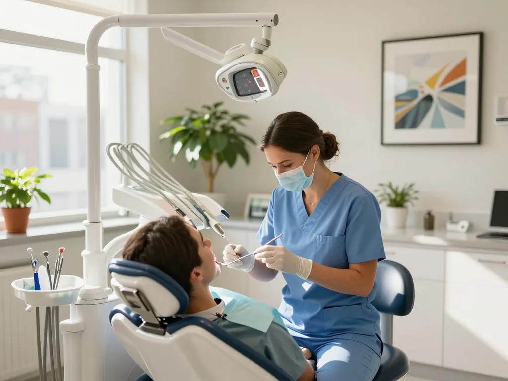 Zahnreinigung Wien in einer hellen Zahnarztpraxis, in der eine Hygienikerin die Zähne reinigt und eine professionelle Atmosphäre für Zahnpflege zeigt.