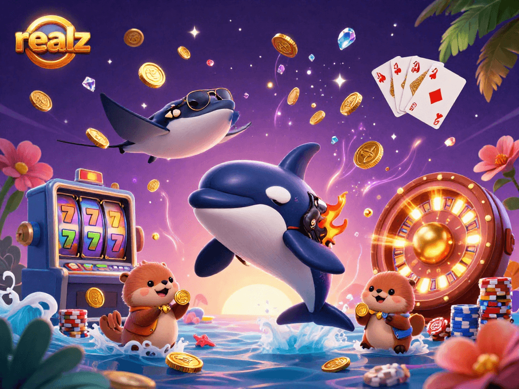 In der dynamischen Casino-Szene hält die Familie von Ottern goldene Münzen, während realz das Spiel belebt.