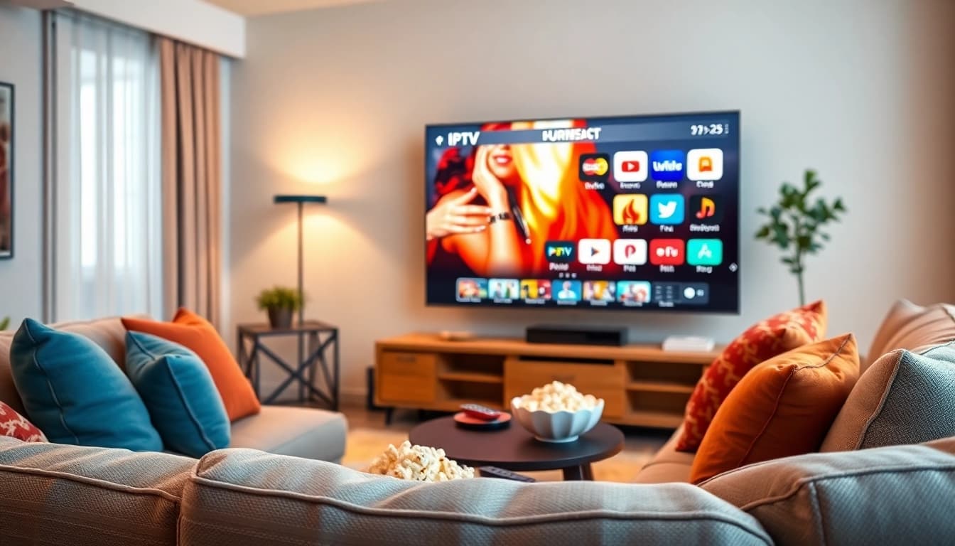 Genießen Sie IPTV Online Fernsehen in einem gemütlichen Wohnzimmer mit einem großen Flachbildfernseher.