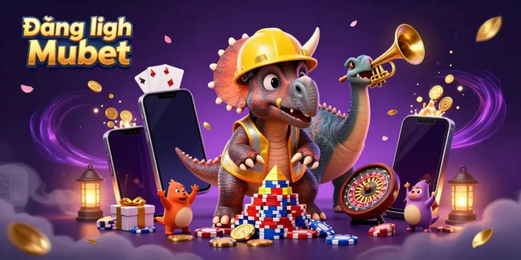 Experience the engaging process of Đăng nhập Mubet, highlighted by dynamic characters celebrating with casino elements.