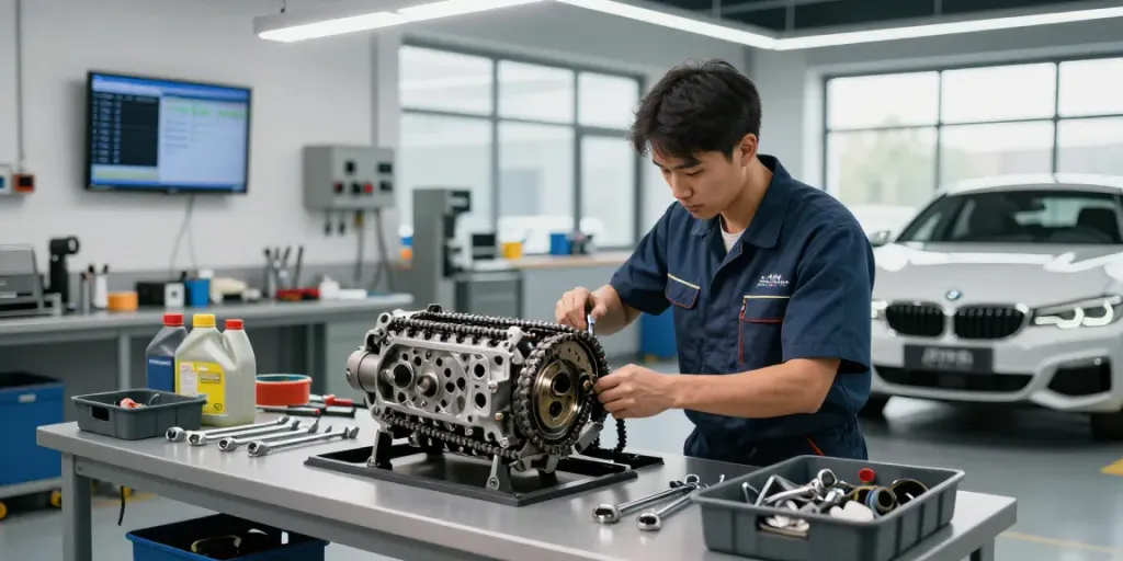 BMW Steuerkette Hannover: Mechaniker bei der Arbeit am Motor in einer modernen Werkstatt.