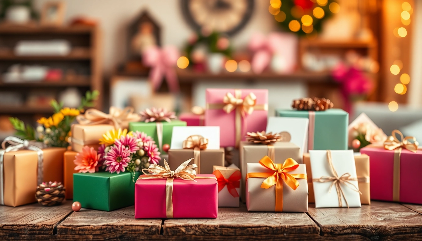 Inspirierende Geschenkideen auf einem rustikalen Holztisch mit liebevollem Arrangement.