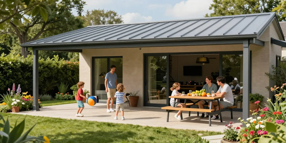 Moderne Terrassenüberdachungen in einem idyllischen Garten mit einer Familie, die den sonnigen Tag genießt.