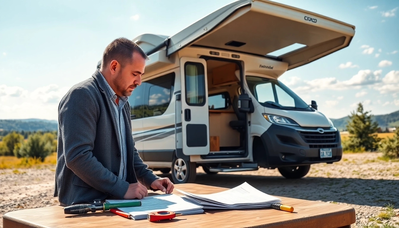 Fachmann für Wohnmobil Gutachten inspiziert ein Wohnmobil im Freien.