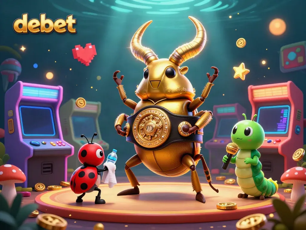 Engage with debet's vibrant gaming environment featuring a giant golden stag beetle champion in a competitive arcade.