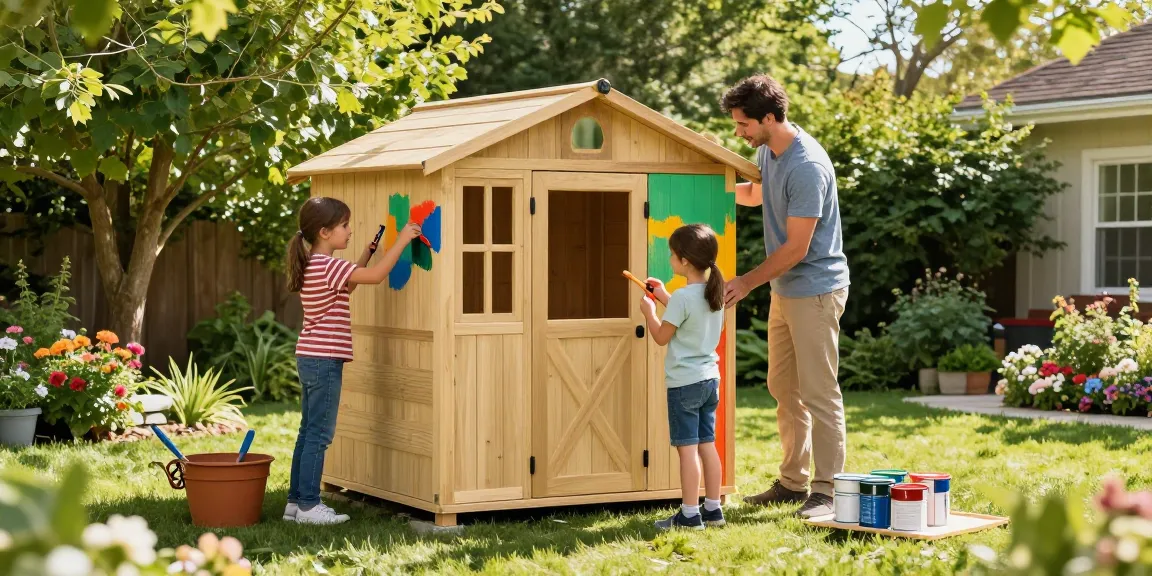 Gartenhaus kaufen: Familie beim Bau eines Gartenhauses im Garten, umgeben von blühenden Pflanzen und Sonnenschein.