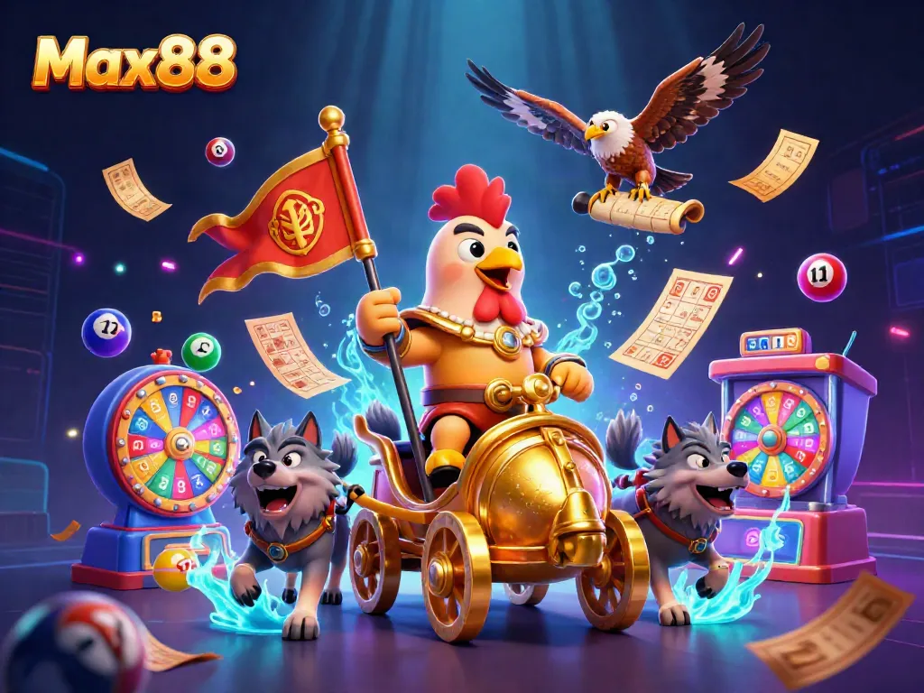 Max88 dynamic scene showcases a colorful casino battle with elements like lottery balls, golden tickets, and a cartoon rooster warlord.
