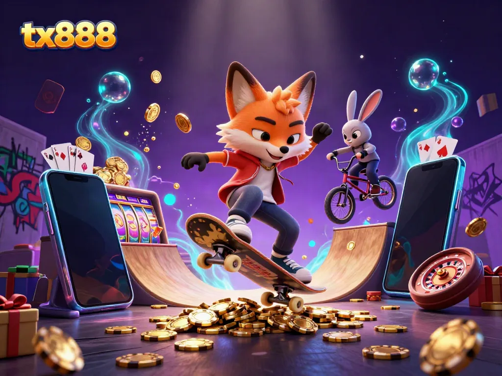 Experience exciting gameplay with tx888 in a vibrant 3D illustration featuring casino symbols and characters.