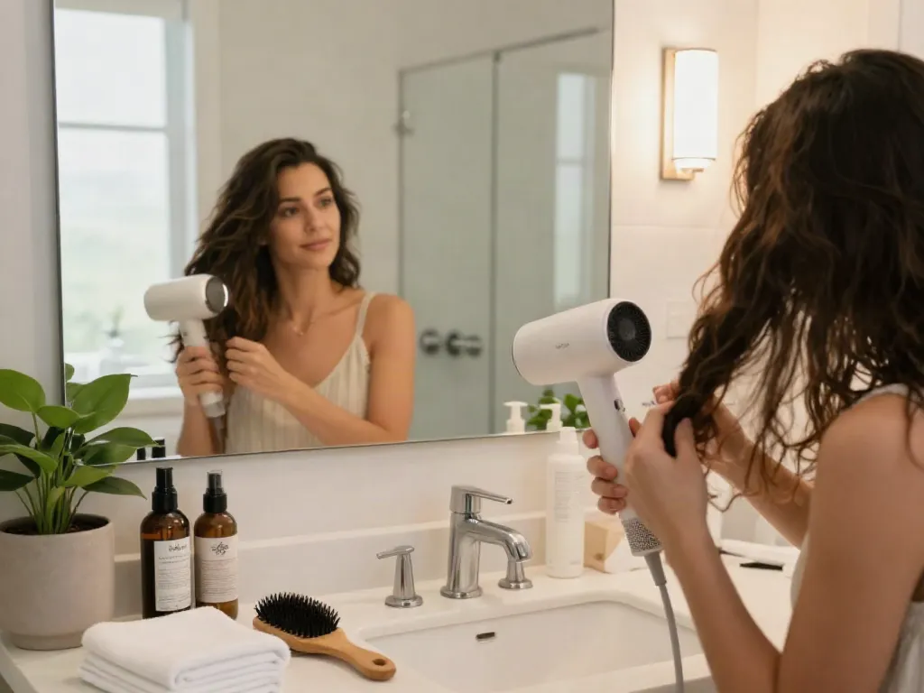 Nutzen Sie den Laifen Haartrockner für müheloses Haarstyling in einem modernen Badezimmer.