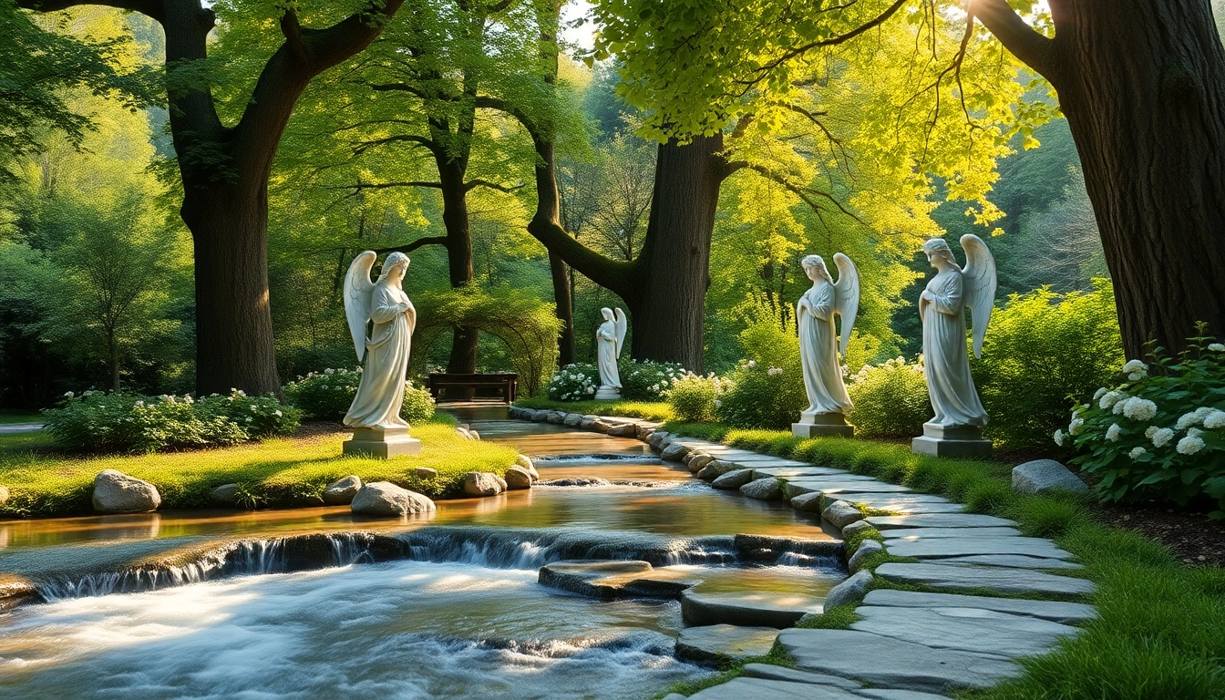 Retreat Urlaub mit den Engeln im Schwarzwald in a tranquil garden setting with angel statues.
