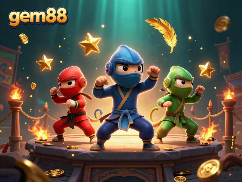 Experience the vibrant gem88 casino action with ninja chameleons in dynamic martial arts poses surrounded by gold and gaming symbols.