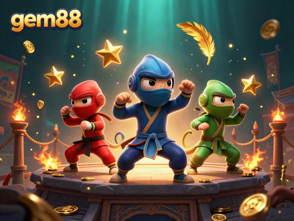 Experience the vibrant gem88 casino action with ninja chameleons in dynamic martial arts poses surrounded by gold and gaming symbols.