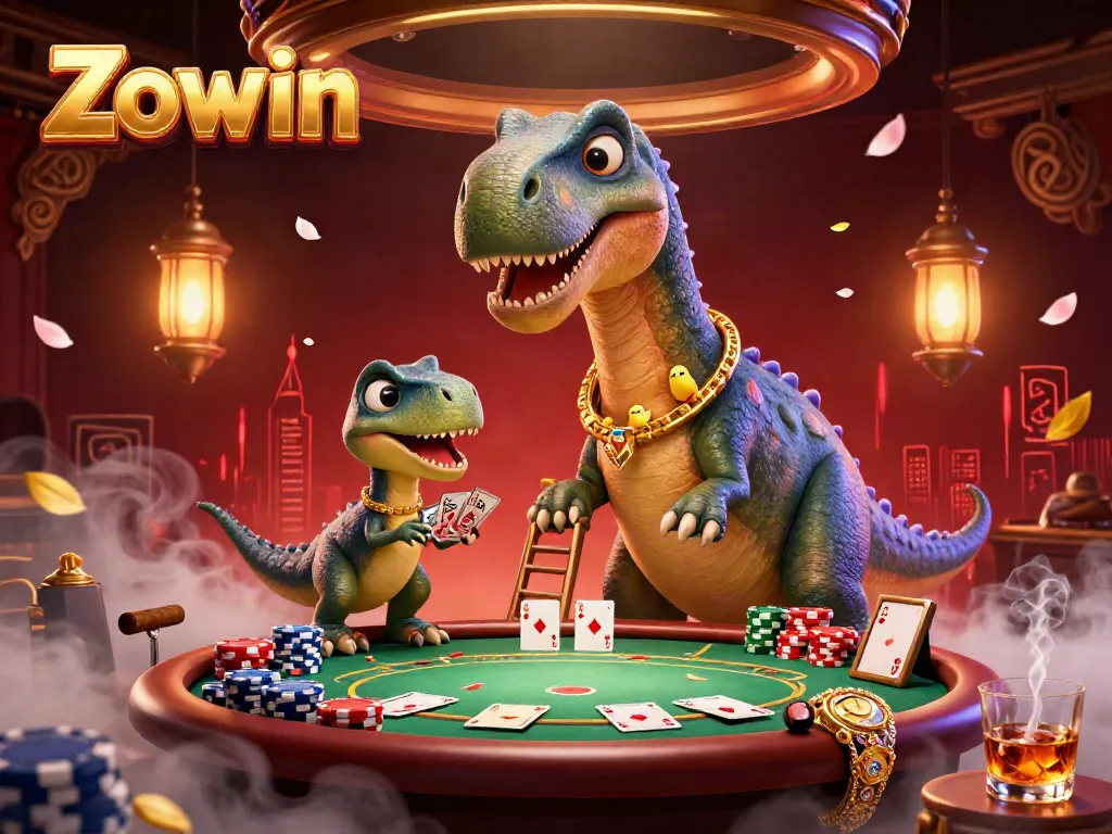 Zowin offers an exciting casino experience with a giant brontosaurus and a raptor dealer in a vibrant setting.