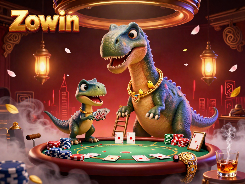 Zowin offers an exciting casino experience with a giant brontosaurus and a raptor dealer in a vibrant setting.
