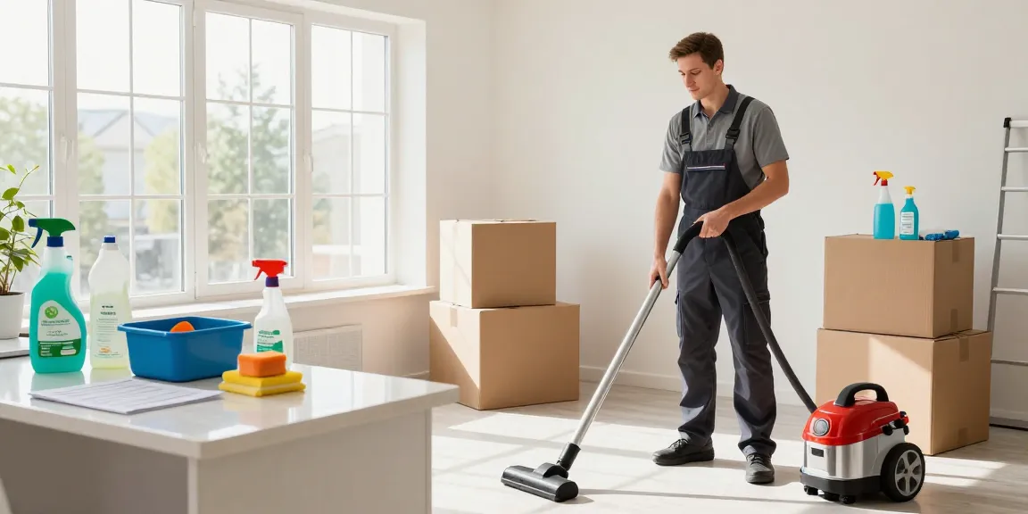 Efficient wohnungsabgabe reinigung scene with a cleaning professional preparing eco-friendly supplies in a bright home.