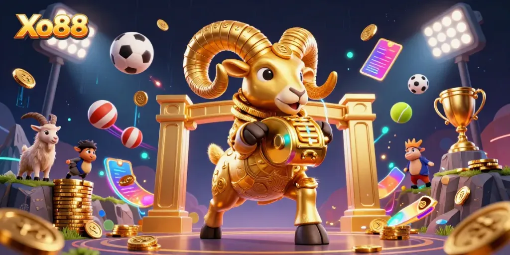 Experience the thrill of winning at Xo88 with a vibrant casino scene featuring a golden ram and dynamic sports elements.