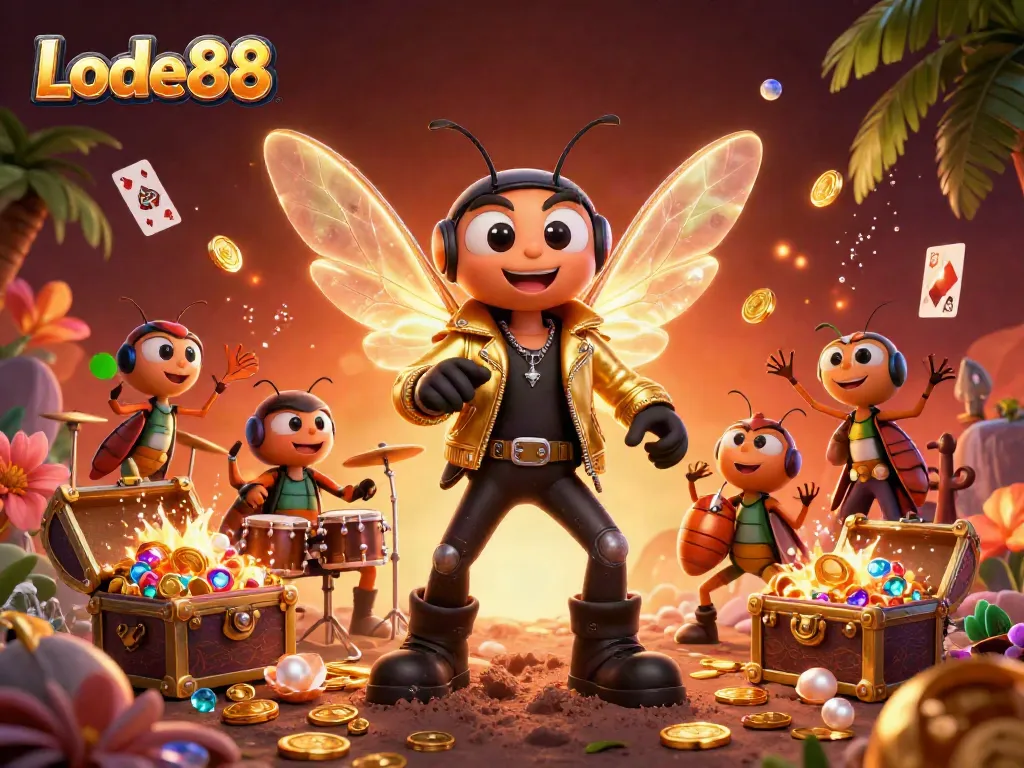 Lode88's vibrant casino scene showcases the cicada rock star with electric wings, immersed in gold coins and treasure.