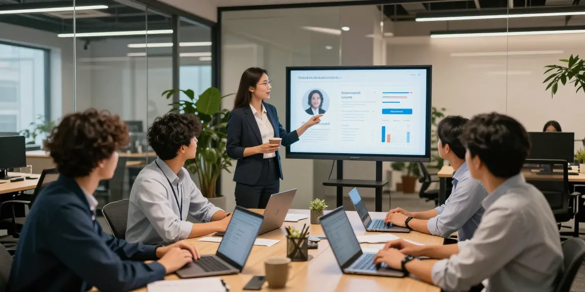 Bewertungsplattform Führung: HR-Meeting zur Mitarbeiterbewertung in modernem Büro.