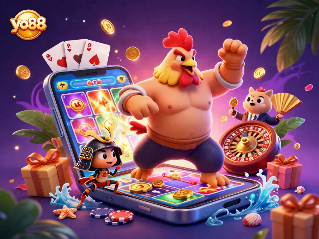 Experience the thrill at yo88 with a dynamic illustration of a roaring sumo rooster and samurai cricket amidst colorful slot games.
