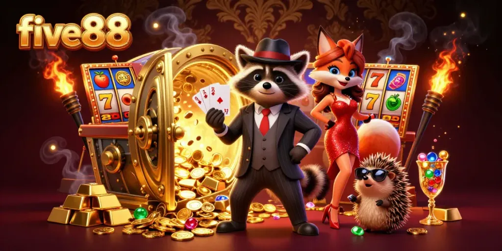 Experience the excitement of five88 with this glamorous casino scene featuring a suave raccoon, a fox lady, and a hedgehog bouncer amid vibrant slots.