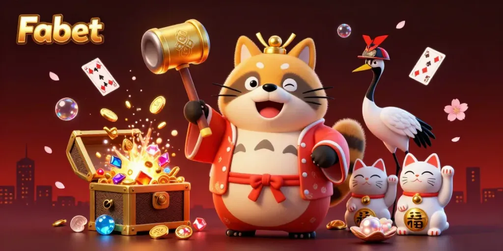 Bet on Fabet with the cheerful tanuki and lucky symbols amidst gold and vibrant colors.