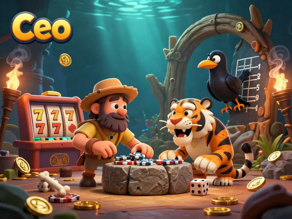 Ceo leads a dynamic prehistoric casino with stone poker chips and golden elements.