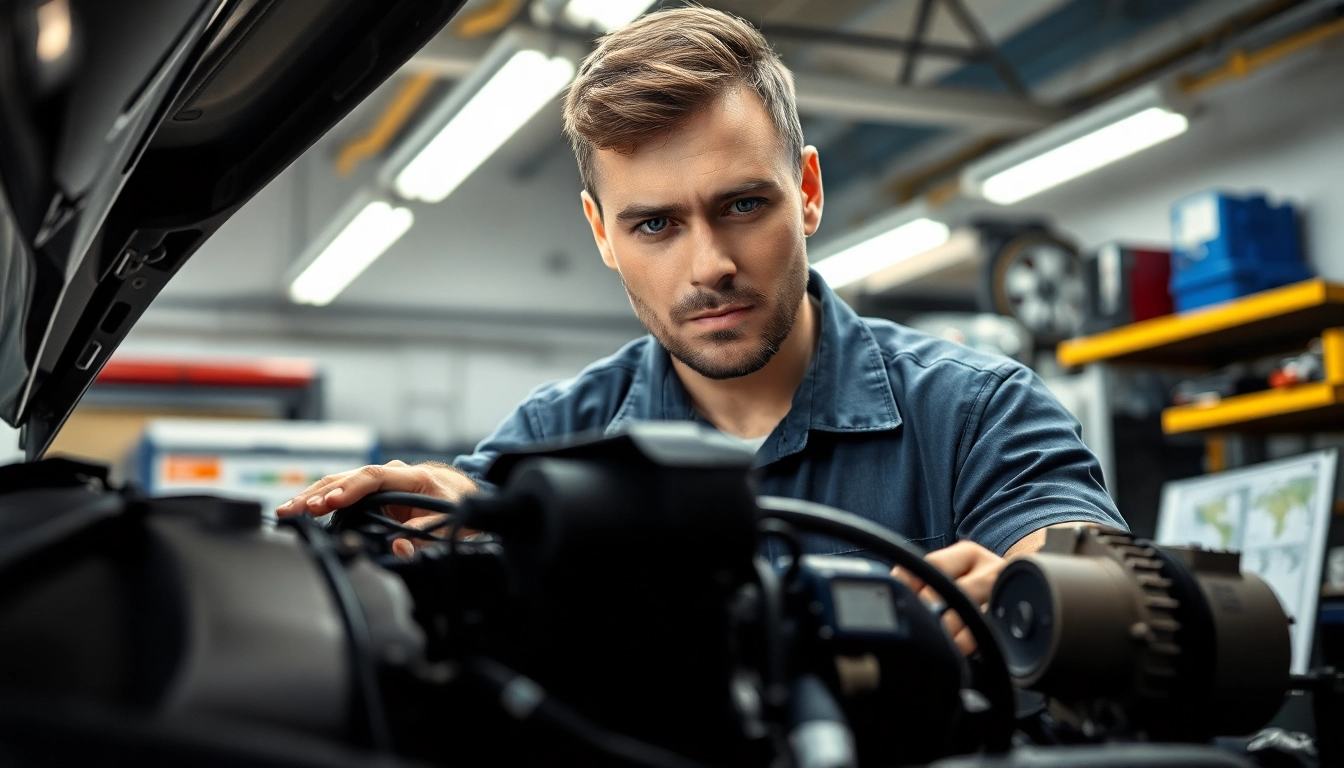Motorschaden Ankauf: Mechanic evaluating a damaged engine in a professional workshop.