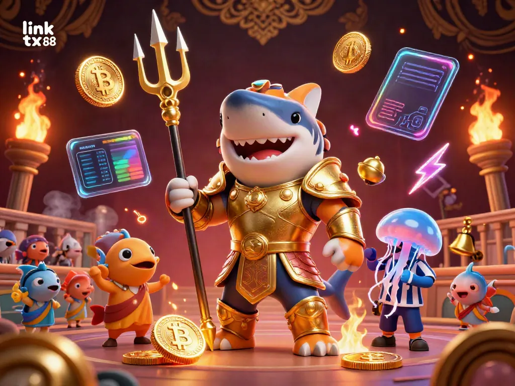 Play and win at link tx88 with vibrant underwater casino action featuring a golden tiger shark.