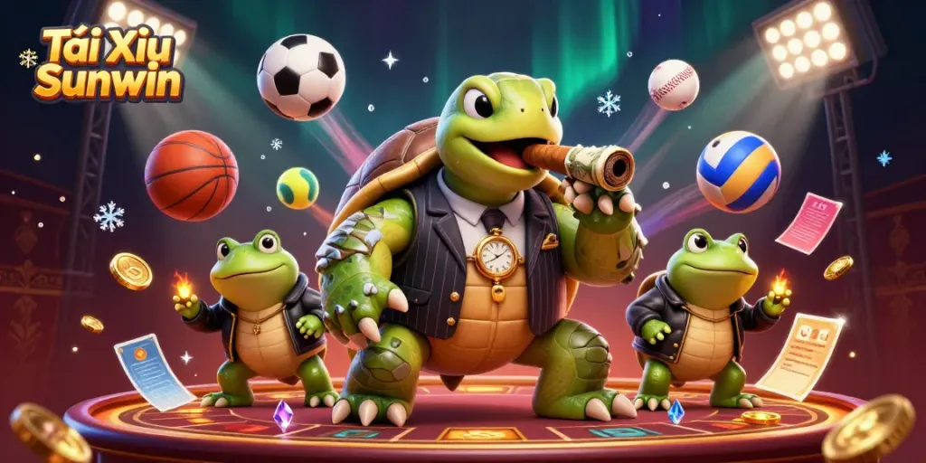 Tài Xỉu Sunwin immersive scene with a turtle in a mobster suit and bullfrogs, showcasing dynamic betting elements.