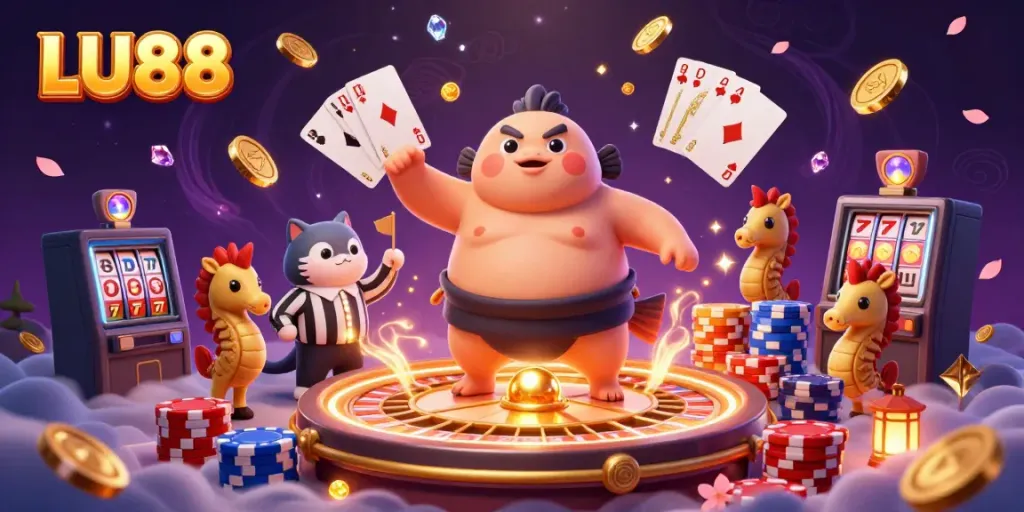 LU88 showcases a vibrant underwater casino scene with a fugu, catfish referee, and seahorse fans amidst dynamic game elements.