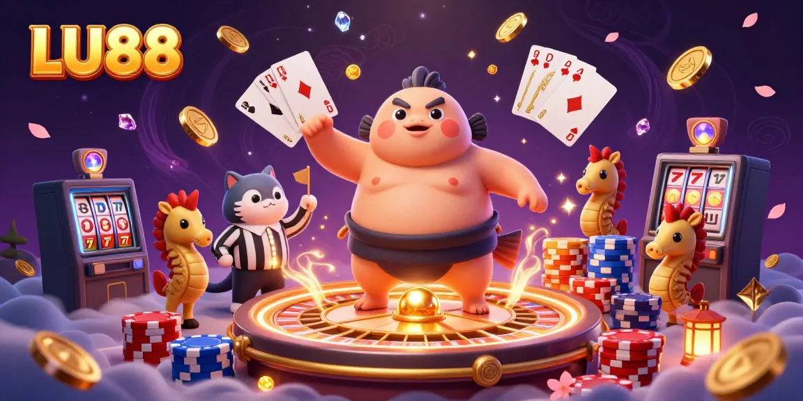 LU88 showcases a vibrant underwater casino scene with a fugu, catfish referee, and seahorse fans amidst dynamic game elements.