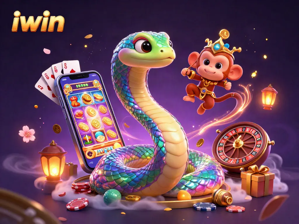 Spin the reels and win with iwin's vibrant casino-themed illustration, featuring rainbow serpent and playful monkey king.