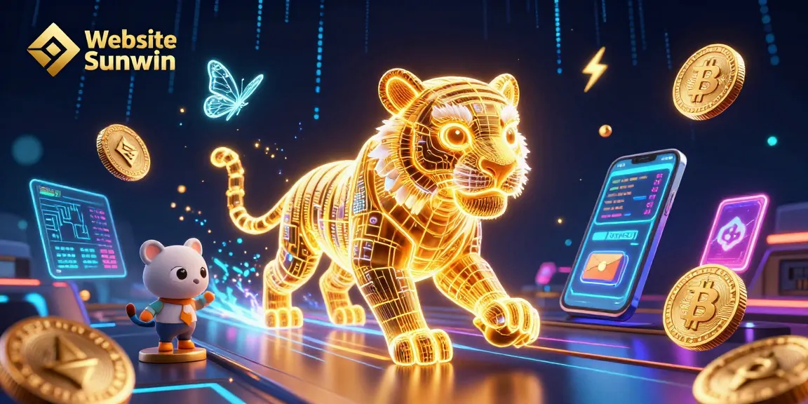 Experience thrilling gameplay at Website Sunwin, featuring a neon-wireframe tiger in a vibrant digital casino landscape.