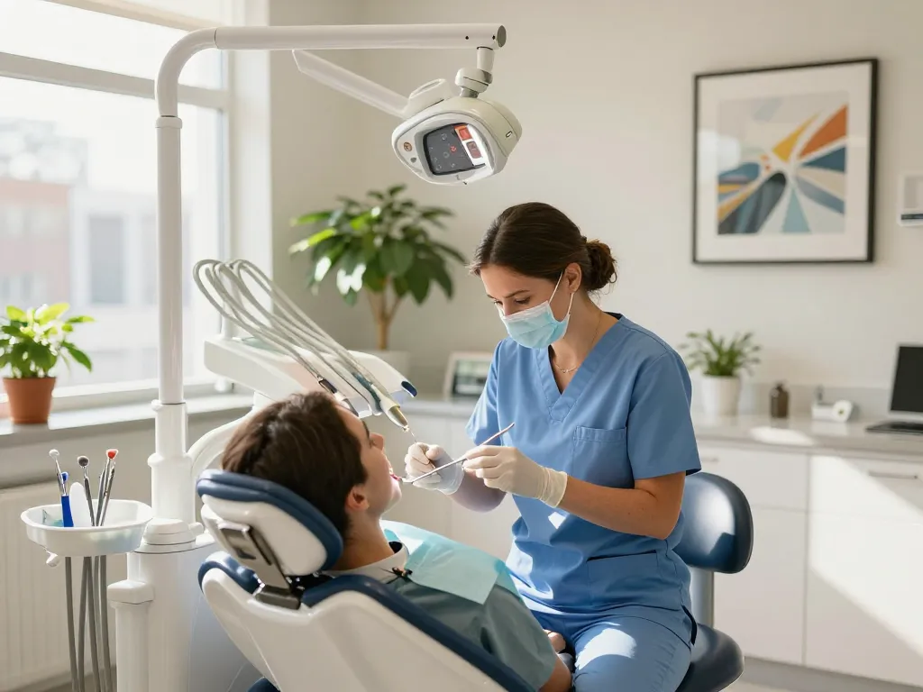 Zahnreinigung Wien in einer hellen Zahnarztpraxis, in der eine Hygienikerin die Zähne reinigt und eine professionelle Atmosphäre für Zahnpflege zeigt.