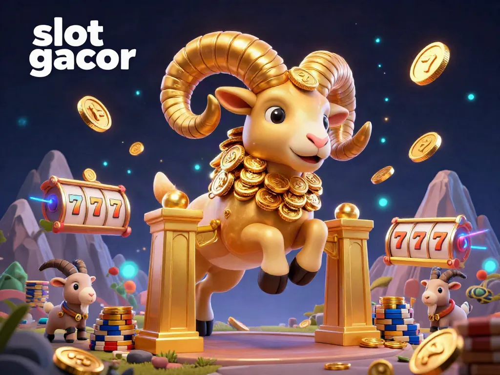 Experience the excitement of slot gacor with a playful golden ram charging through vibrant jackpot elements.