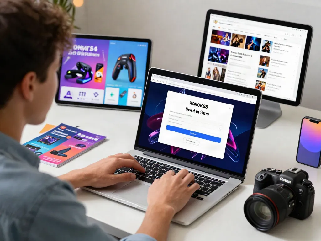 Engaging young professional focused on rokok88 login page in a vibrant digital workspace.