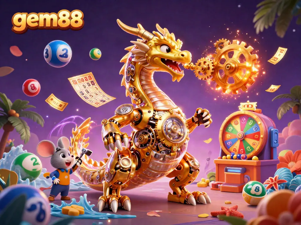 Engage in gaming excitement with gem88 as a golden dragon breathes gears and tickets in a vibrant casino scene.