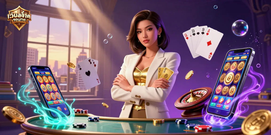 Experience เว็บสล็อตทดลอง with a powerful businesswoman in a glamorous casino scene, featuring golden coins and slot games.