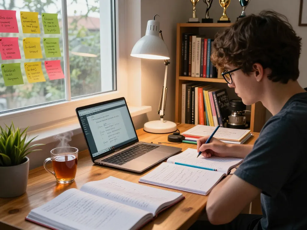 Student, der sich mit Hausaufgaben lösen beschäftigt, umgeben von Lernmaterialien in einem gemütlichen Arbeitszimmer zu Hause.
