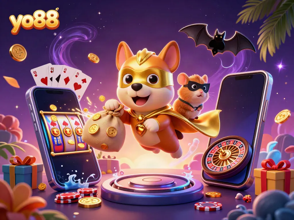 Win big with yo88 while a superhero dog flies with gold coins, showcasing exciting casino games.