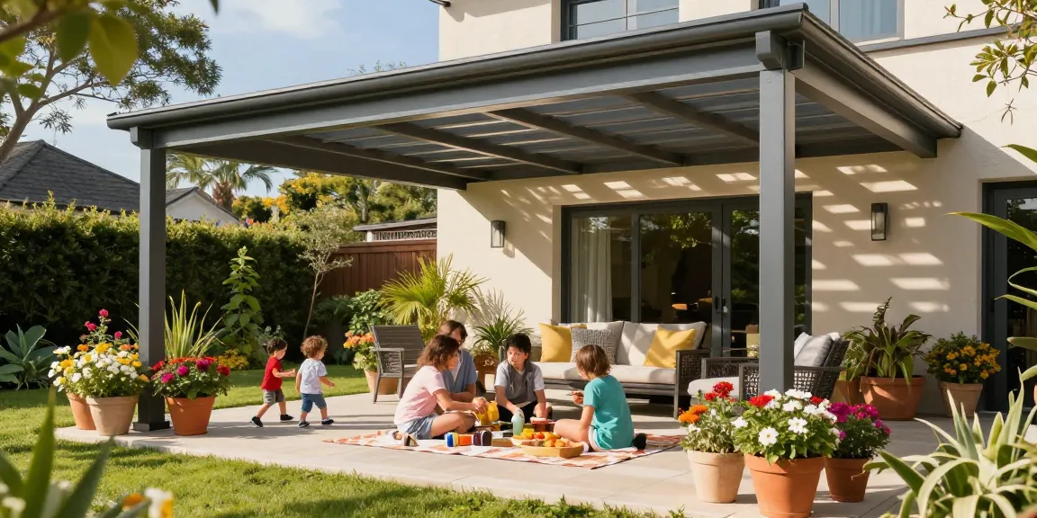 Moderne Terrassenüberdachung in einem Garten mit Familie und bunten Pflanzen, die Gemütlichkeit ausstrahlt.